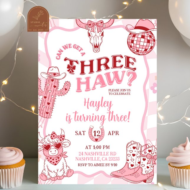 Invitación Pastel Retro Threehaw Cowgirl Birthday party (Subido por el creador)