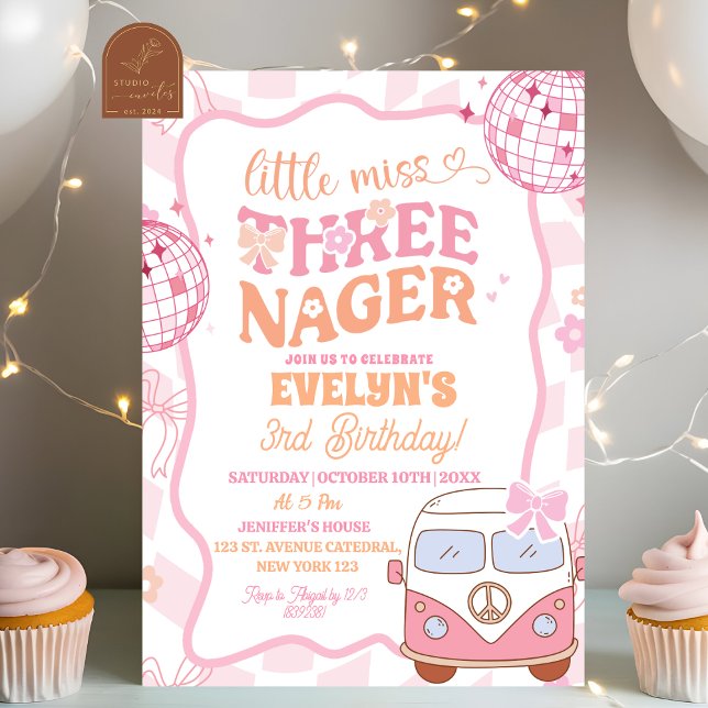 Invitación Pastel Retro Van Groovy Pequeña Miss Threenager (Subido por el creador)