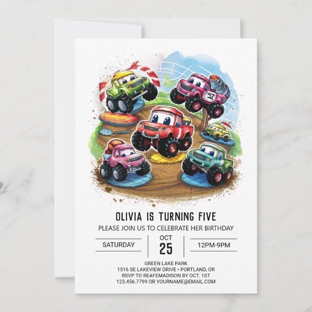 Invitación Pastel Road Monster Truck Cumpleaños (Anverso)