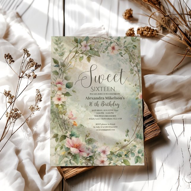 Invitación Pastel Romántico Flores Silvestres Dulce 16 (Subido por el creador)