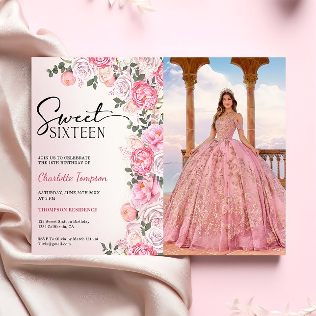 Invitación Pastel romántico Rosas Dulce Floral 16 Foto (Subido por el creador)