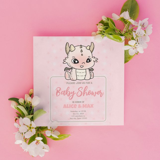Invitación Pastel Rosa Baby Dragon Baby Shower (Subido por el creador)