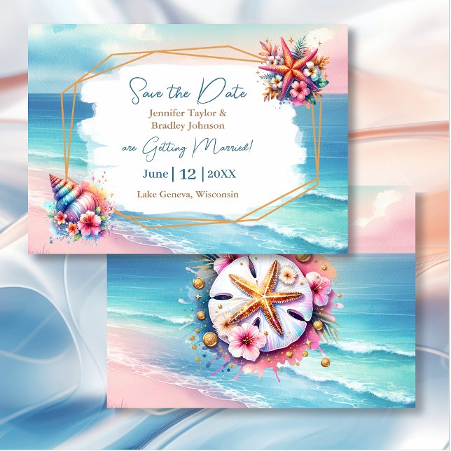 Invitación Pastel Rosa Blue Ocean View Wedding Guardar la fec (Subido por el creador)