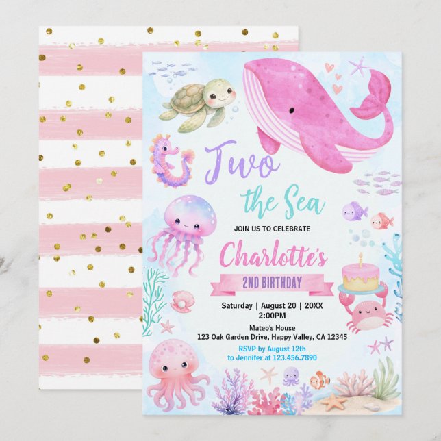 Invitación Pastel Rosa Chica del Mar Cumpleaños 1  (Anverso / Reverso)