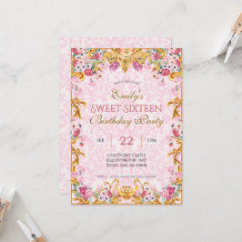 Invitación Pastel Rosa Dulce de Oro Dieciséis Aniversario Roc