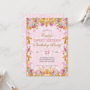 Invitación Pastel Rosa Dulce de Oro Dieciséis Aniversario Roc