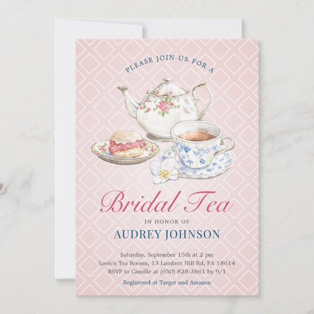 Invitación Pastel Rosa Elegante Clásico Bridal Ducha Alta Té (Anverso)