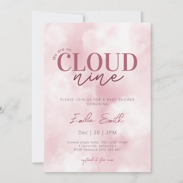 Invitación Pastel rosa Estamos en Nueve Nueve Baby Shower (Anverso)