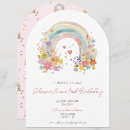 Invitación Pastel Rosa Floral arcoíris Tercer cumpleaños