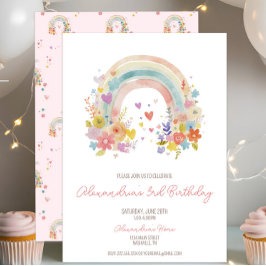 Invitación Pastel Rosa Floral arcoíris Tercer cumpleaños