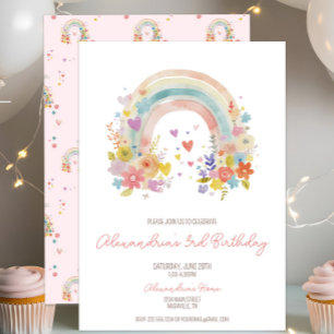 Invitación Pastel Rosa Floral arcoíris Tercer cumpleaños