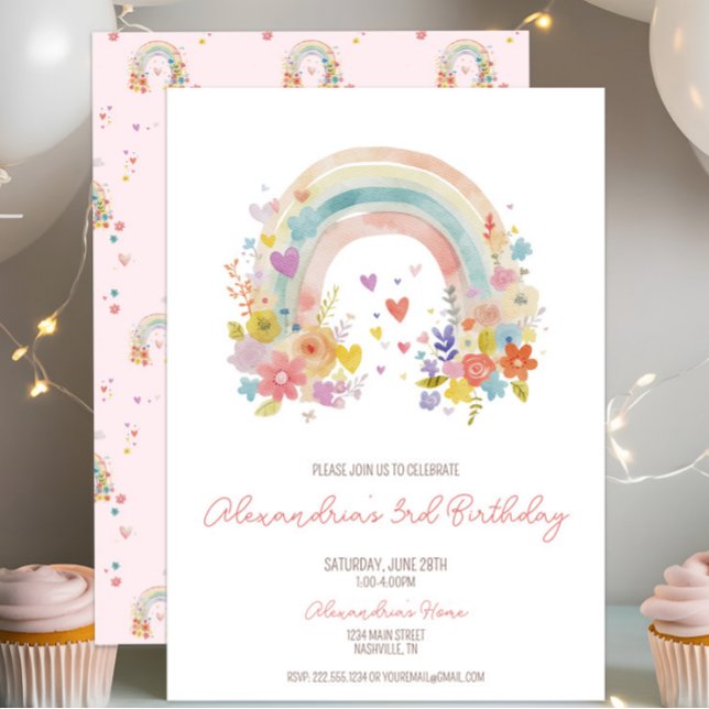 Invitación Pastel Rosa Floral arcoíris Tercer cumpleaños (Subido por el creador)