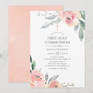 Invitación Pastel Rosa Floral Primera Comunión