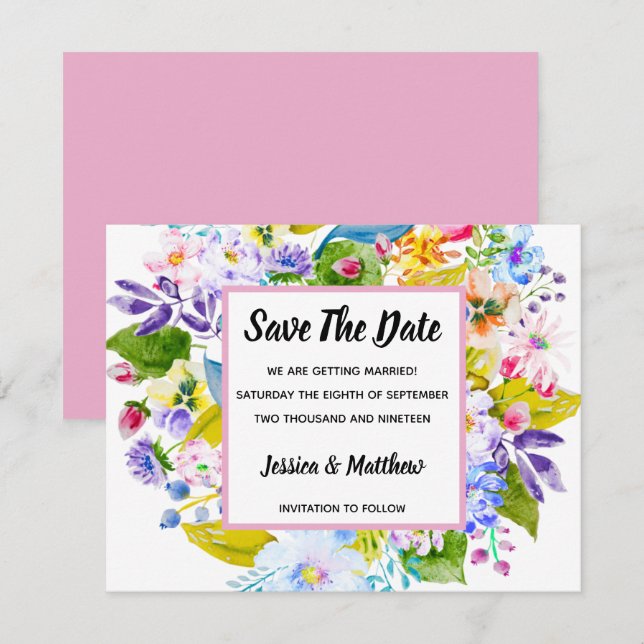 Invitación Pastel Rosa Floral Romántico Guardar La Fecha (Anverso / Reverso)
