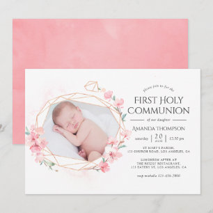 Invitación Pastel Rosa Geométrico Floral Santa Comunión 