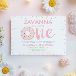 Invitación Pastel rosa moderno dulce Donut 1er cumpleaños