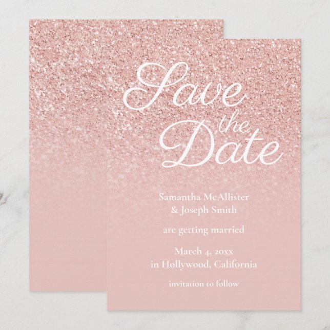 Invitación Pastel Rosa Oro Rubor Ombre Purpurina Guardar la f (Anverso / Reverso)