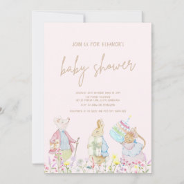 Invitación Pastel Rosa Peter the Rabbit Amigos Baby Shower