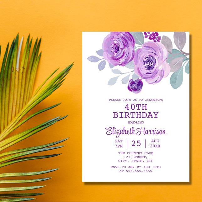 Invitación Pastel Rosa púrpura vegetación floral 40 cumpleaño (Subido por el creador)