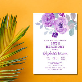 Invitación Pastel Rosa púrpura vegetación floral 40 cumpleaño