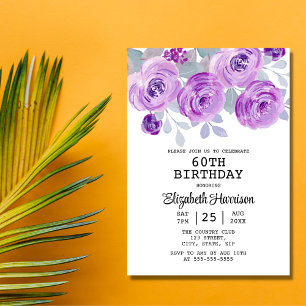 Invitación Pastel Rosa Púrpura Vegetación Floral 60 cumpleaño