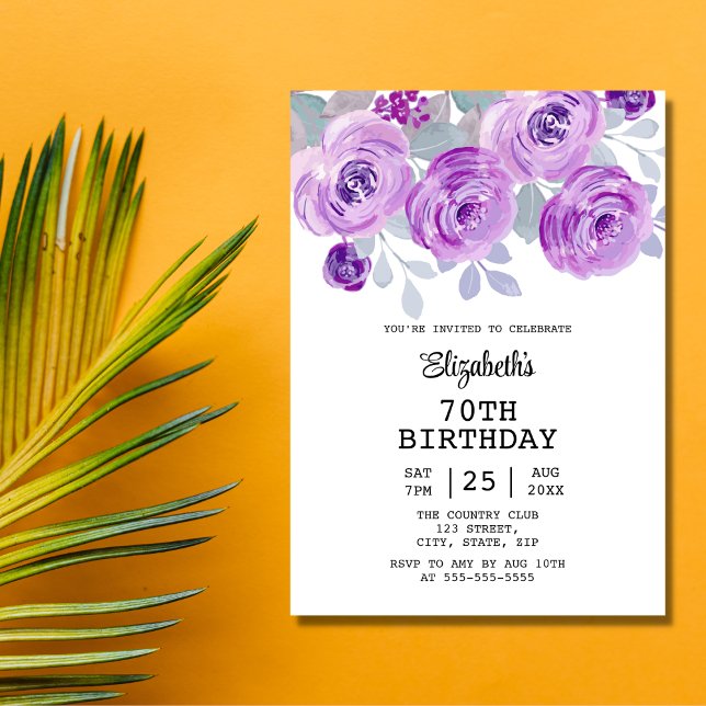 Invitación Pastel Rosa Púrpura Vegetación Floral 70 cumpleaño (Subido por el creador)