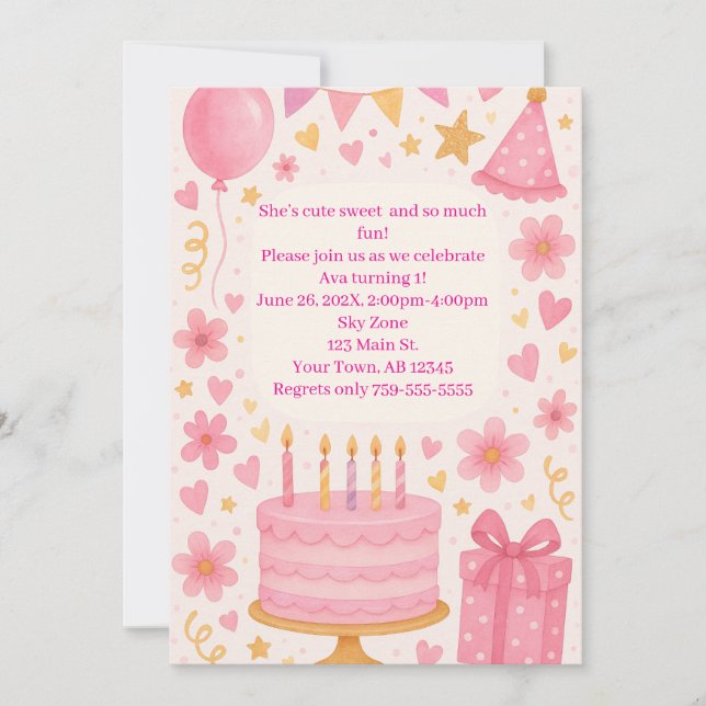 Invitación Pastel rosa, regalos, globos, Chicas Gorras Cumple (Anverso)