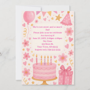 Invitación Pastel rosa, regalos, globos, Chicas Gorras Cumple
