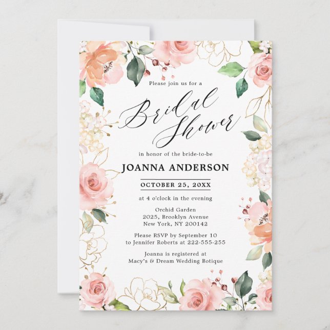 Invitación Pastel rosa Rosa Rubor Floral Bridal Shower (Anverso)