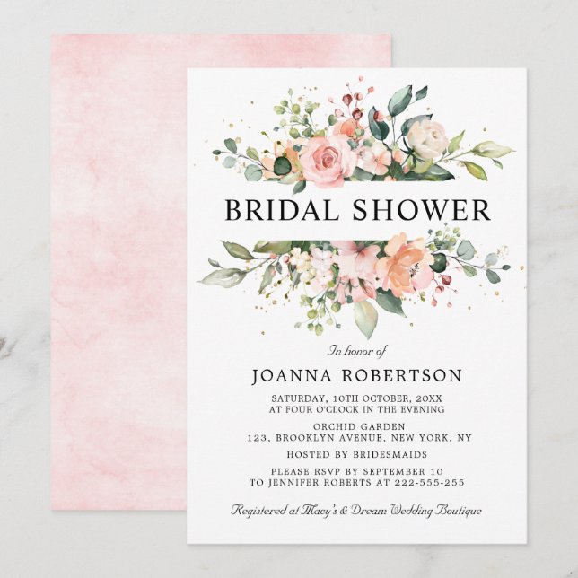 Invitación Pastel rosa Rosa Rubor Floral Bridal Shower (Anverso / Reverso)