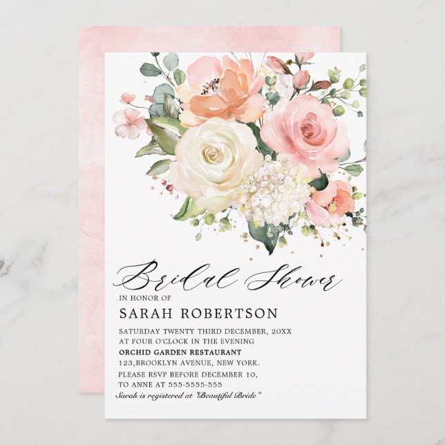 Invitación Pastel rosa Rosa Rubor Floral Bridal Shower (Anverso / Reverso)