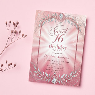 Invitación Pastel Rosa Sparkly Diamond Sweet Dieciséis