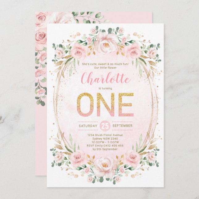 Invitación Pastel rosa suave Chica Rubor Gold Primer cumpleañ (Anverso / Reverso)