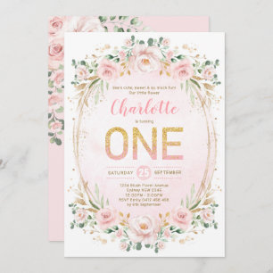 Invitación Pastel rosa suave Chica Rubor Gold Primer cumpleañ