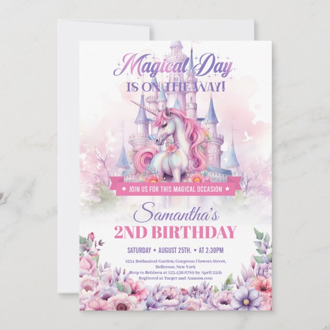 Invitación Pastel Rosa Unicornio y Castillo de Hadas Cumpleañ (Anverso)