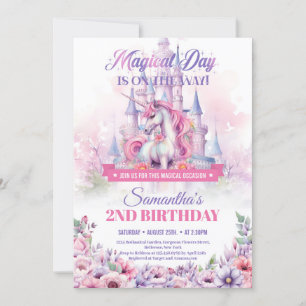 Invitación Pastel Rosa Unicornio y Castillo de Hadas Cumpleañ