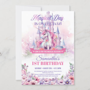 Invitación Pastel Rosa Unicornio y Castillo de Hadas Cumpleañ