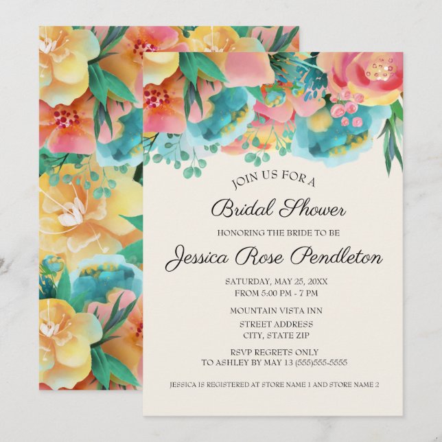 Invitación Pastel rosa Verde azulado Amarillo Floral Brillant (Anverso / Reverso)