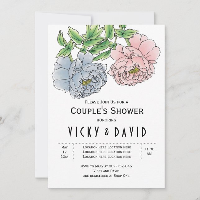 Invitación Pastel rosa y azul peonatos de parejas bodas ducha (Anverso)