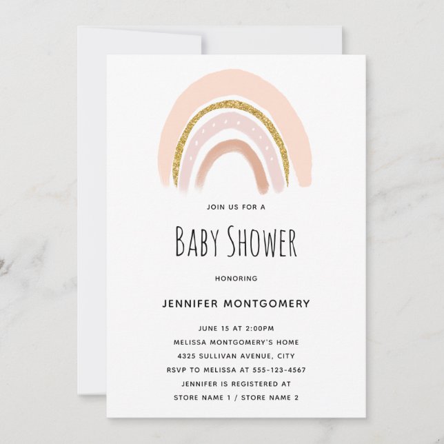 Invitación Pastel rosa y falso Purpurina Rainbow Baby Shower (Anverso)