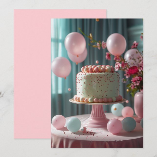 Invitación Pastel Rosa y Globos (Anverso / Reverso)