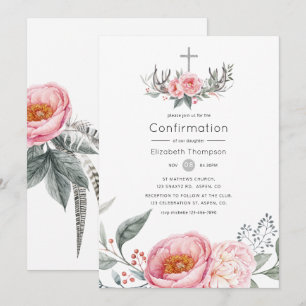 Invitación Pastel Rosa y Gris Boho Floral Confirmación