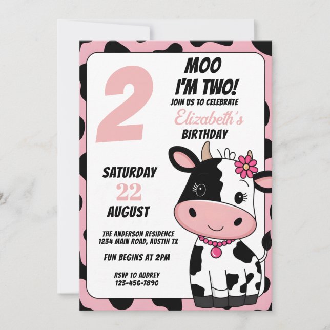 Invitación Pastel rosa y negro vaca moo cualquier cumpleaños  (Anverso)