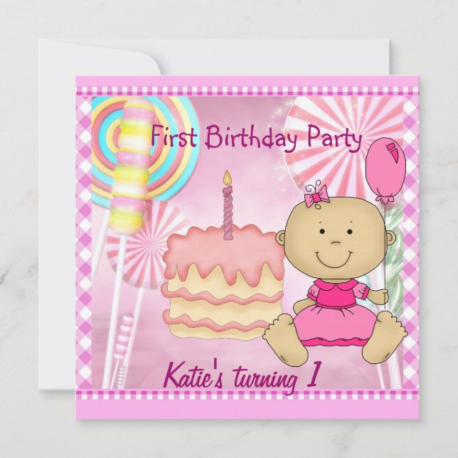 Invitación Pastel rosado Chica del primer cumpleaños del niño (Anverso)