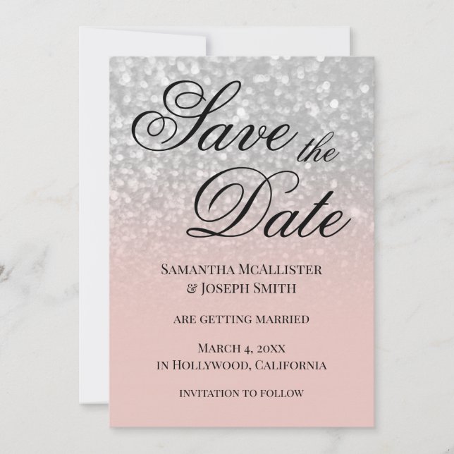 Invitación Pastel Rosado Ómbre Plata Glitter Salva la Fecha (Anverso)