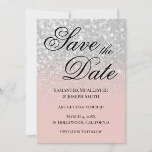 Invitación Pastel Rosado Ómbre Plata Glitter Salva la Fecha