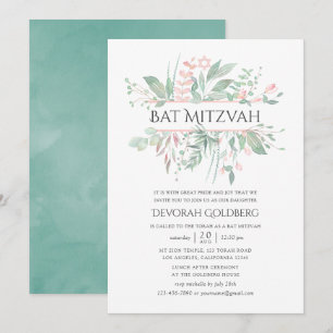 Invitación Pastel Rosado Vegetación Bat Mitzvah