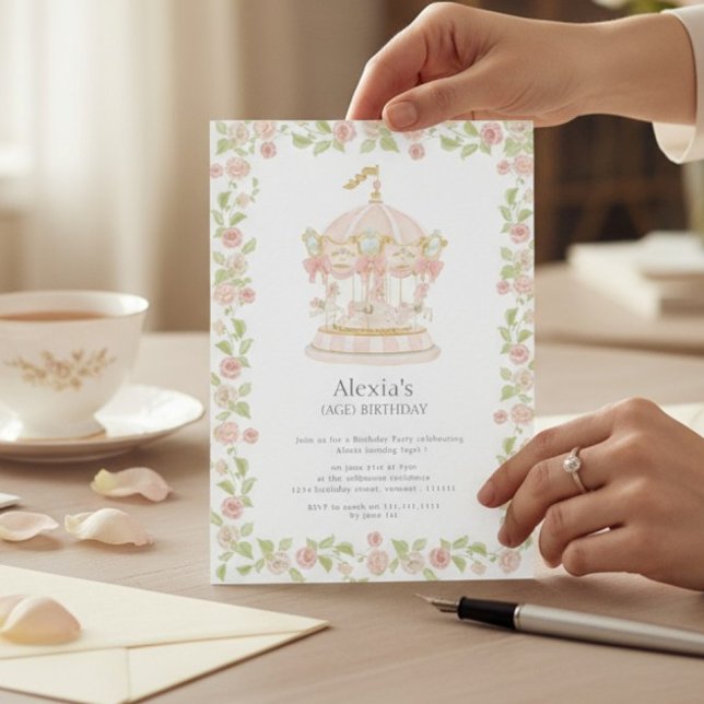 Invitación Pastel Rose Garden Carousel Birthday Party (Subido por el creador)