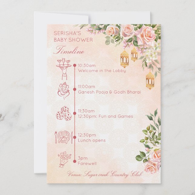 Invitación Pastel rose Moroccan lanterns baby shower timeline (Anverso)