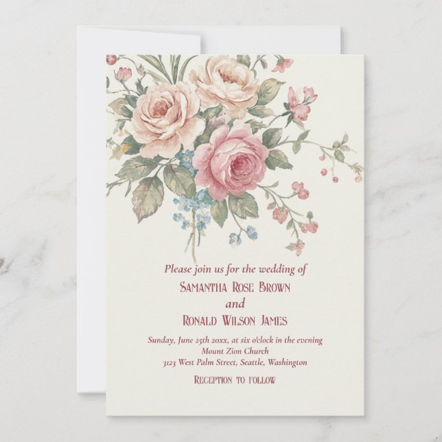 Invitación Pastel Roses Shabby Chic Wedding  (Anverso)